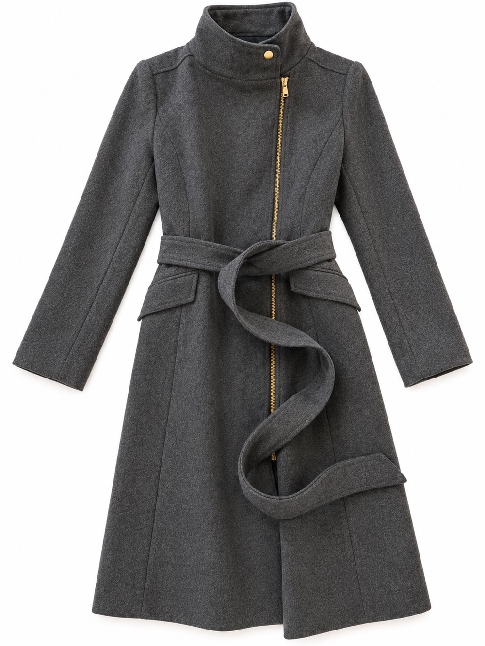 Cole Haan Charcoal Gray Wool-Blend Belted Pea Coat with Gold Zip
